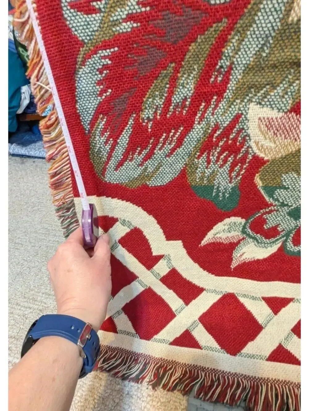 Vintage 46x70 Floral Fruit Woven Tapestry Throw Blanket Reversible Red Cream